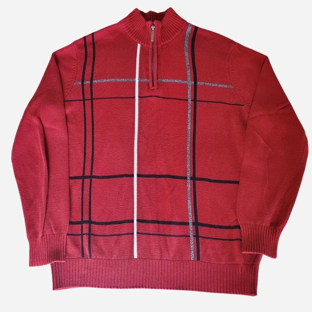 Geoffrey Beene Red Checkered Zip-Up Sweater